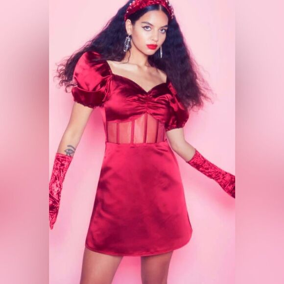 Autumn Adeigbo Clarette Deep Red Satin Puff Sleeve Boned Sweetheart Mini $675 - Picture 1 of 8